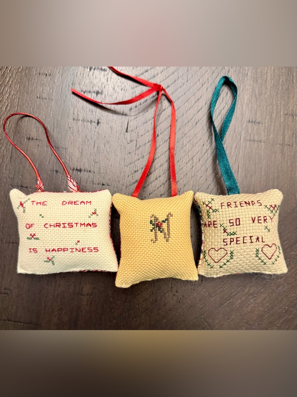 Handmade Cross Stitch Christmas Ornaments-Set Of Three Vintage Mini Pillow Tucks